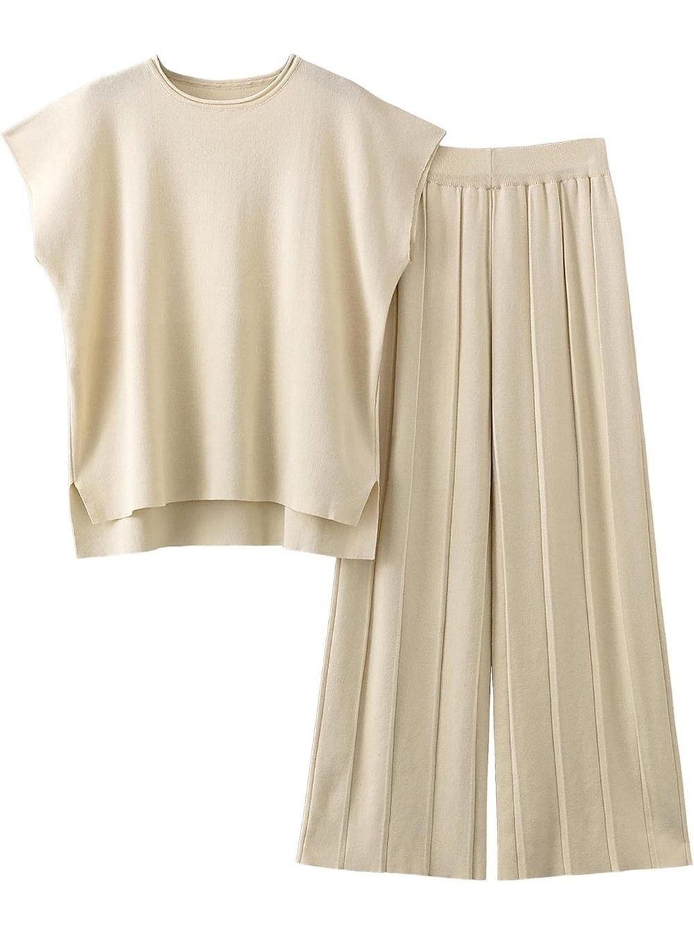 Amazon Cream Wide-Leg Pleated Pants and Relaxed Short-Sleeve Top Set